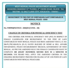WB Police Change Criteria for Physical Efficiency Test(PET) of Constable and Lady Constable Recruitment 2022_40.1