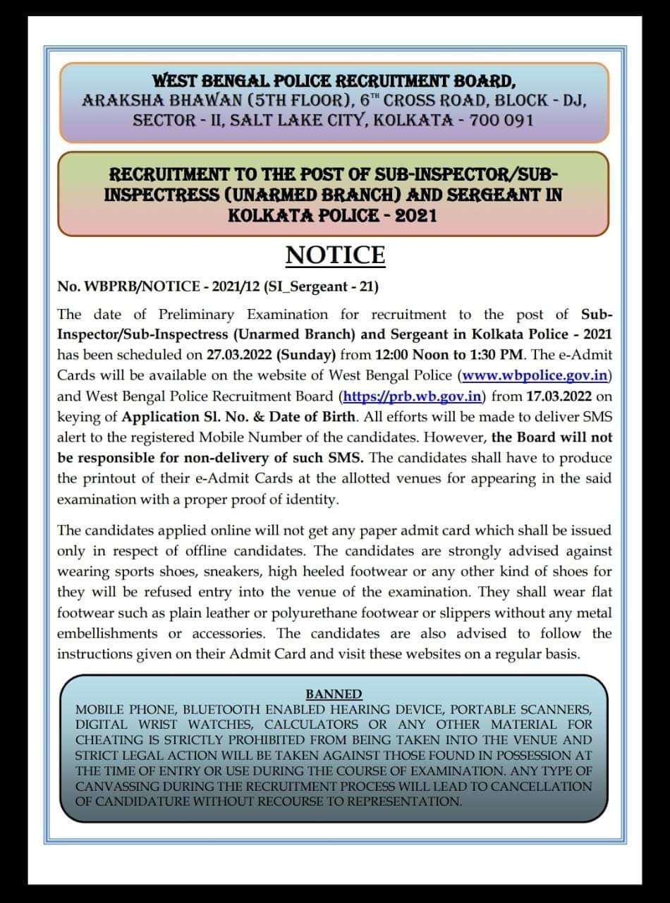 Kolkata Police SI Preliminary Exam Date 2022,Check @ www.wbpolice.gov.in_40.1