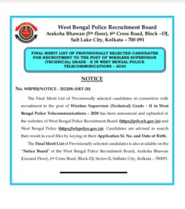 WB Police Wireless Supervisor (Technical) Grade-II Final Exam Results 2023