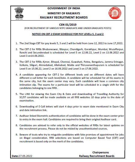 RRB NTPC CBT 2 Exam Date 2022 Out for Level 2, 3, and 5 Posts_50.1