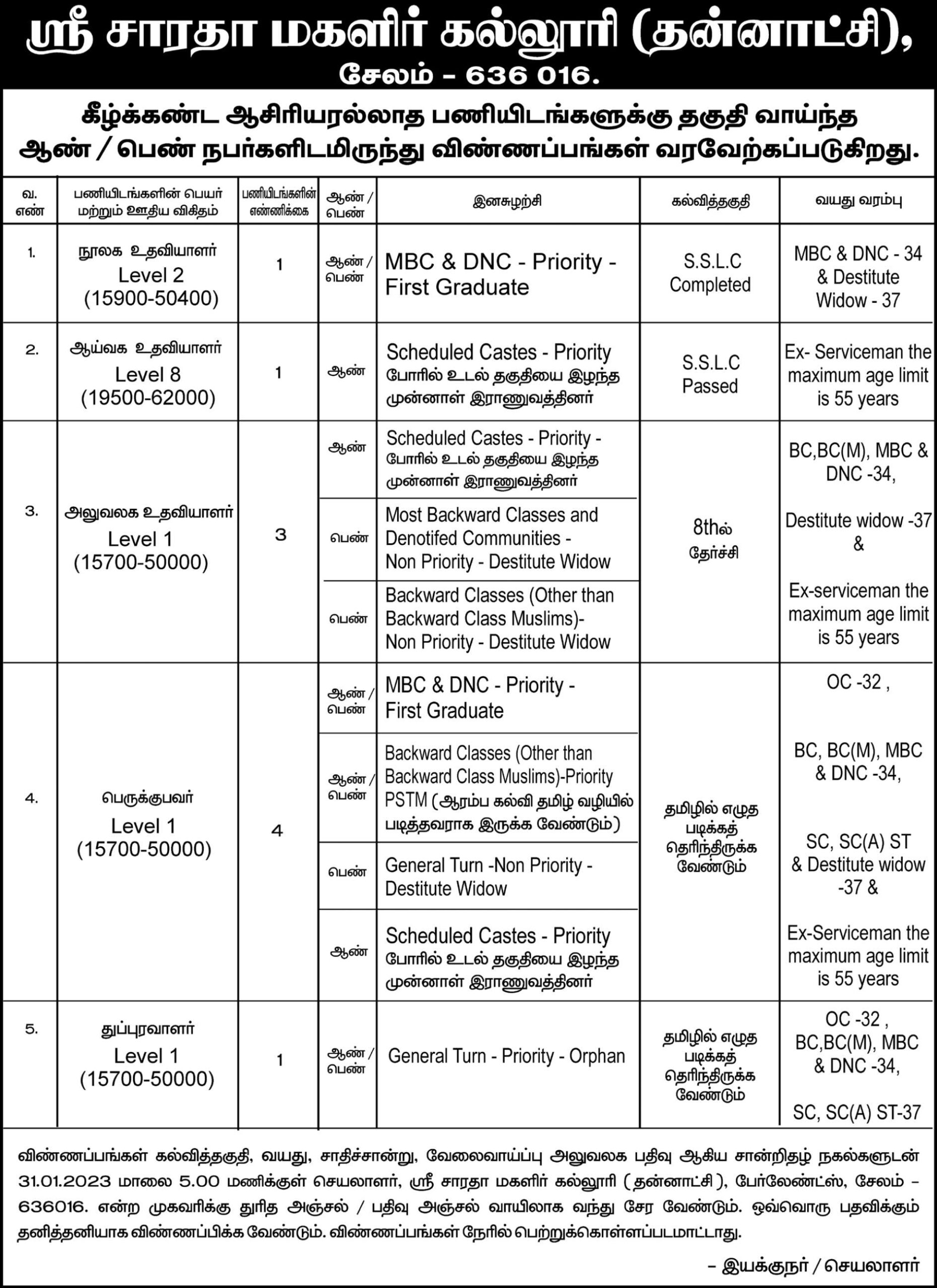 Salem Sarada College Official Notification