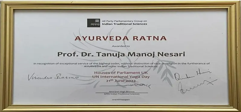UK Parliament honours Tanuja Nesari with Ayurveda Ratna award