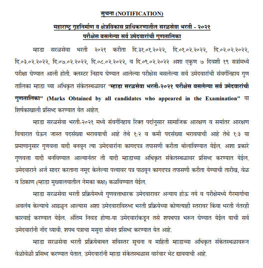 MHADA Result 2022 | म्हाडा भरती 2022 निकाल
