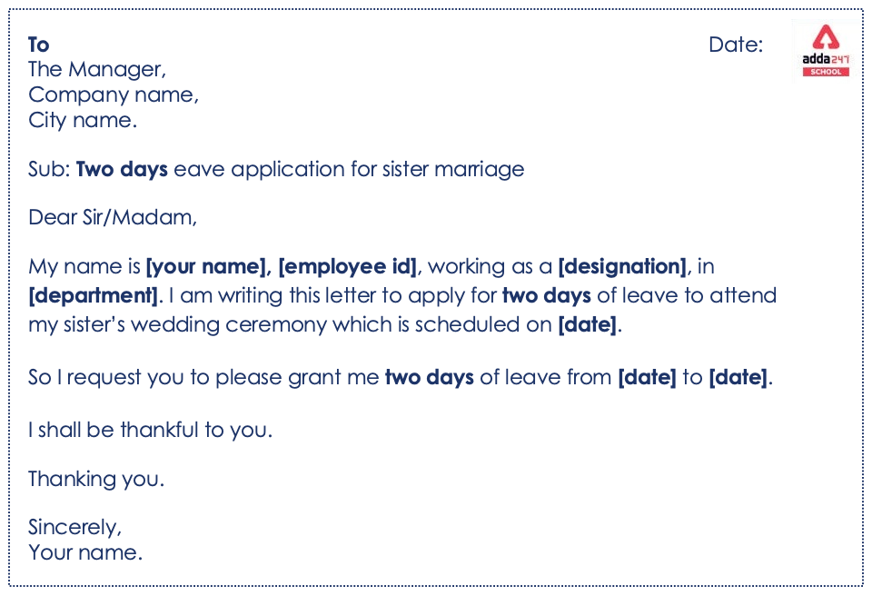 Leave Application for Sister/Brother marriage form Office